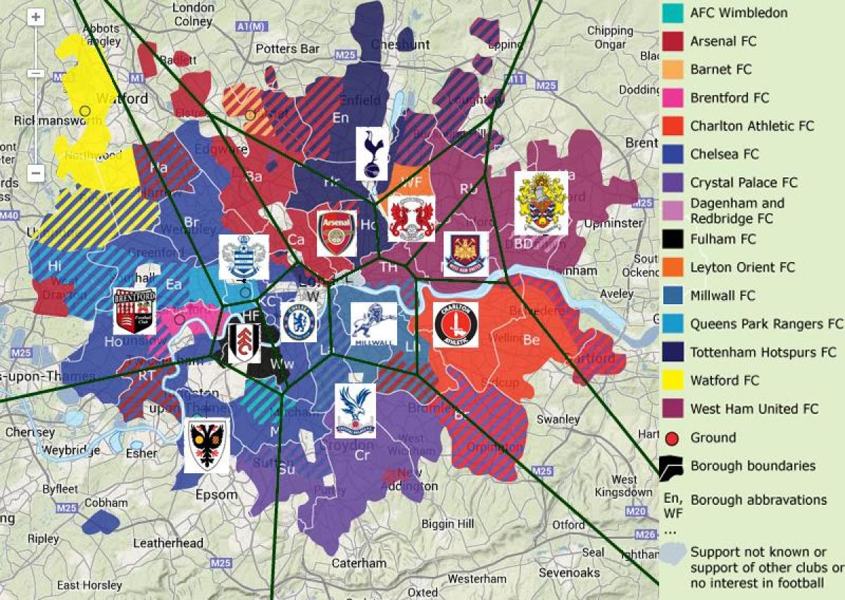 Londres clubes de futebol do mapa de Londres, as equipes de futebol do